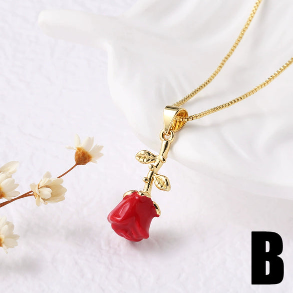 Wholesale Jewelry Simple Geometric Copper Rose Pendant Necklace With Box Chain And Electroplating For Boys And Girls
