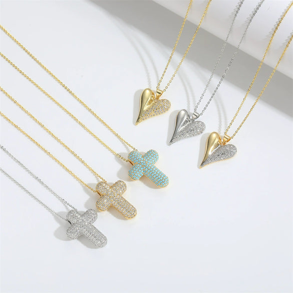 Wholesale Jewelry Simple Geometric Copper Zirconia Mixed Gemstone Setting Cross Pendant Ochain Ladies Necklace