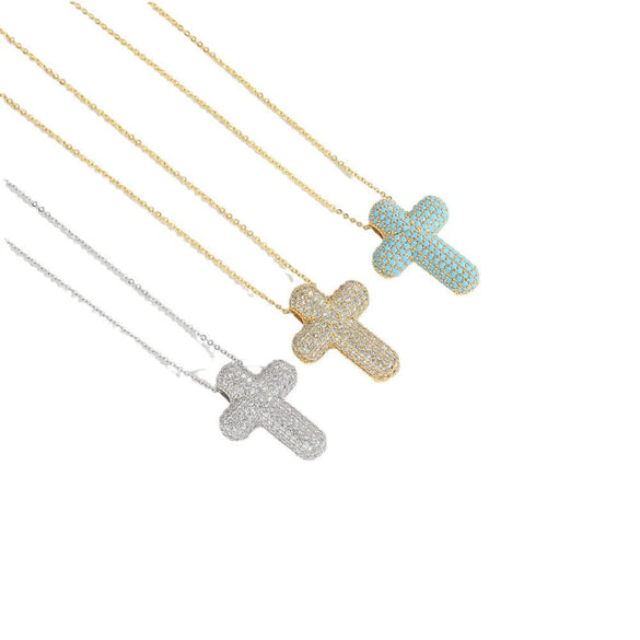 Wholesale Jewelry Simple Geometric Copper Zirconia Mixed Gemstone Setting Cross Pendant Ochain Ladies Necklace