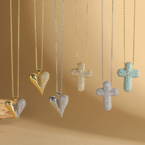 Wholesale Jewelry Simple Geometric Copper Zirconia Mixed Gemstone Setting Cross Pendant Ochain Ladies Necklace