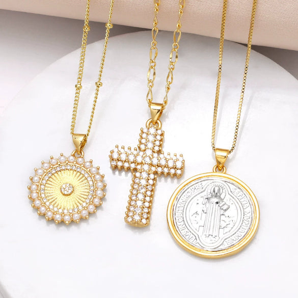 Wholesale Jewelry Simple Geometric Cross Pendant Necklace Copper Gold Plated O Shaped Chain