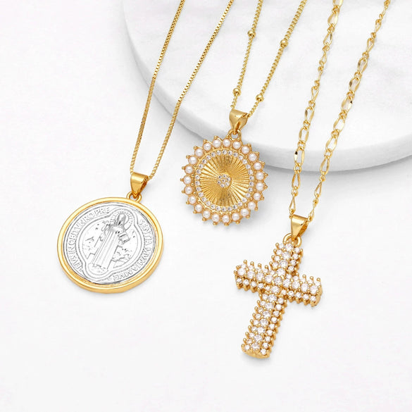 Wholesale Jewelry Simple Geometric Cross Pendant Necklace Copper Gold Plated O Shaped Chain