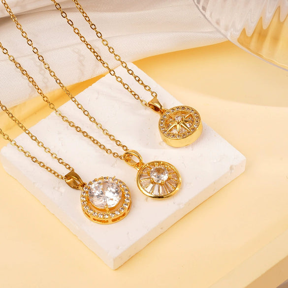 Wholesale Jewelry Simple Geometric Mixed Gemstone Setting Copper Pendant O Word Chain Electroplating Women's Necklace