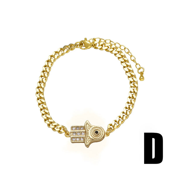 Wholesale Jewelry Simple Geometric Pattern Heart Pendant Copper Goldplated Cuban Chain Bracelet