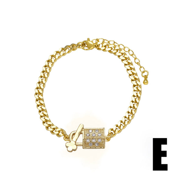 Wholesale Jewelry Simple Geometric Pattern Heart Pendant Copper Goldplated Cuban Chain Bracelet
