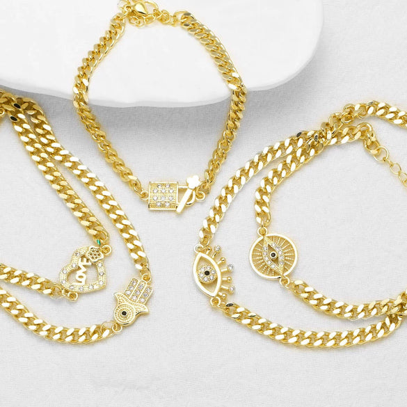 Wholesale Jewelry Simple Geometric Pattern Heart Pendant Copper Goldplated Cuban Chain Bracelet