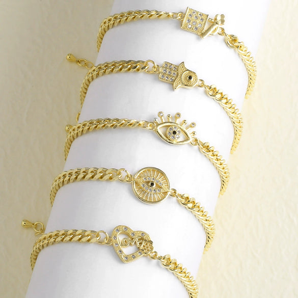Wholesale Jewelry Simple Geometric Pattern Heart Pendant Copper Goldplated Cuban Chain Bracelet