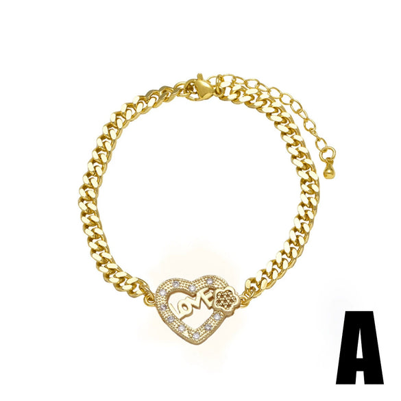 Wholesale Jewelry Simple Geometric Pattern Heart Pendant Copper Goldplated Cuban Chain Bracelet