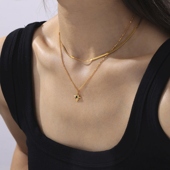 Wholesale Jewelry Simple Geometric Star Inlaid Zircon 316L Stainless Steel Electroplated Ochain Pendant Necklace