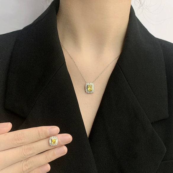 Wholesale Jewelry Simple Geometric Style S925 Sterling Silver Yellow Diamond Twopiece Set For Women With Ochain