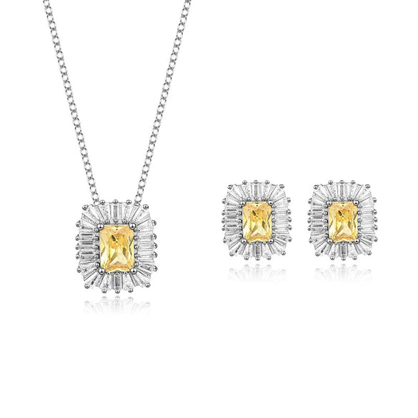 Wholesale Jewelry Simple Geometric Style S925 Sterling Silver Yellow Diamond Twopiece Set For Women With Ochain
