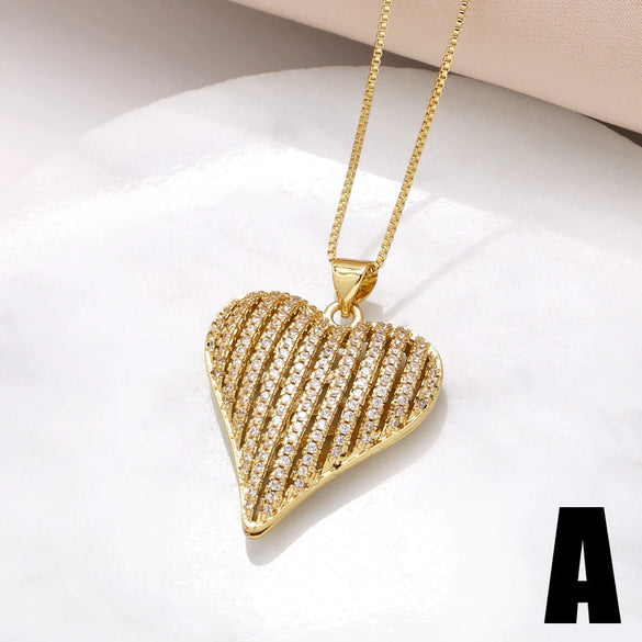 Wholesale Jewelry Simple Heart Pendant Necklace Women Copper Plated Real Gold Full Zircon Clavicle Chain