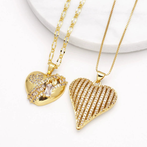 Wholesale Jewelry Simple Heart Pendant Necklace Women Copper Plated Real Gold Full Zircon Clavicle Chain