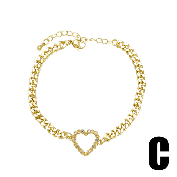 Wholesale Jewelry Simple Heartshaped Pendant Copper 18K Gold Plated Cuban Chain Bracelet