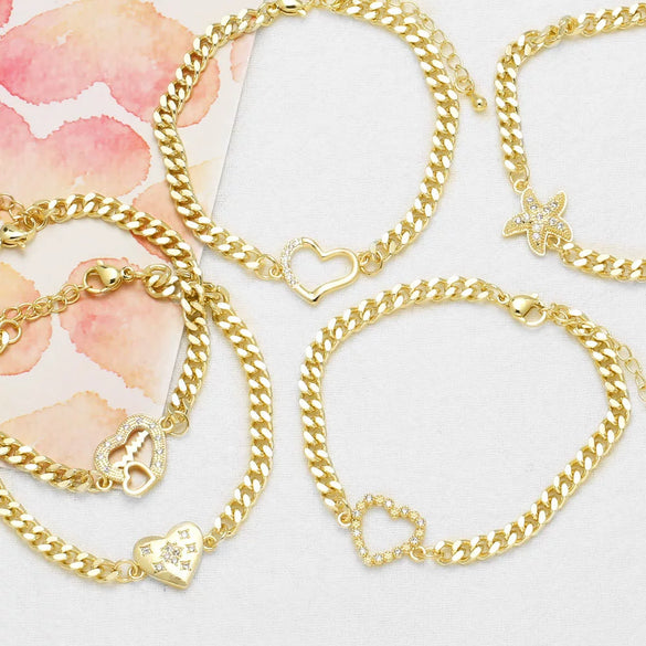 Wholesale Jewelry Simple Heartshaped Pendant Copper 18K Gold Plated Cuban Chain Bracelet