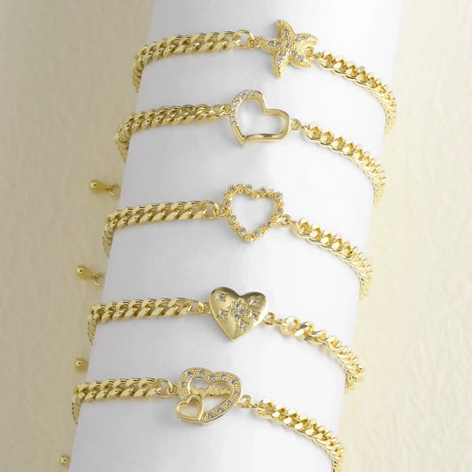 Wholesale Jewelry Simple Heartshaped Pendant Copper 18K Gold Plated Cuban Chain Bracelet