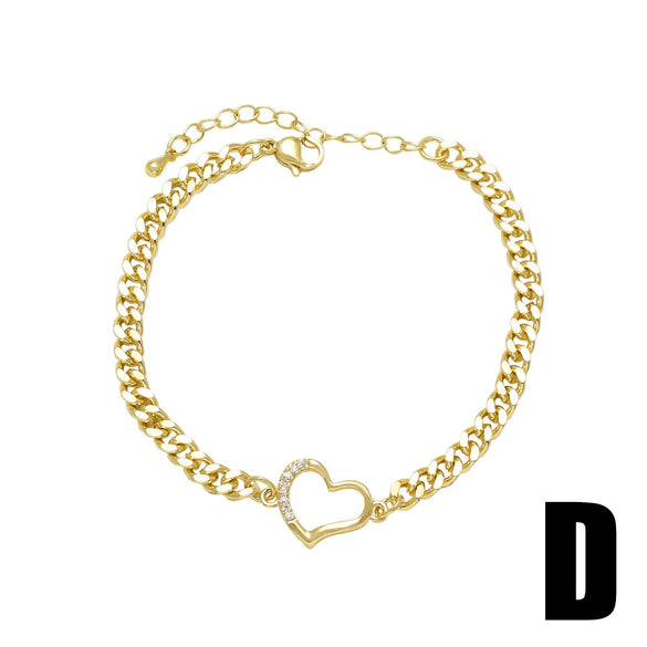 Wholesale Jewelry Simple Heartshaped Pendant Copper 18K Gold Plated Cuban Chain Bracelet