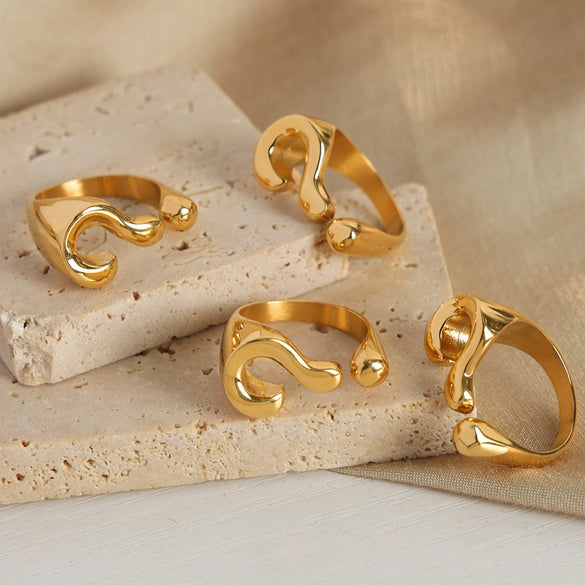 Wholesale Jewelry Simple Irregular 316L Stainless Steel Gold Plated Stereoscopic Question Mark Open Ring For Women