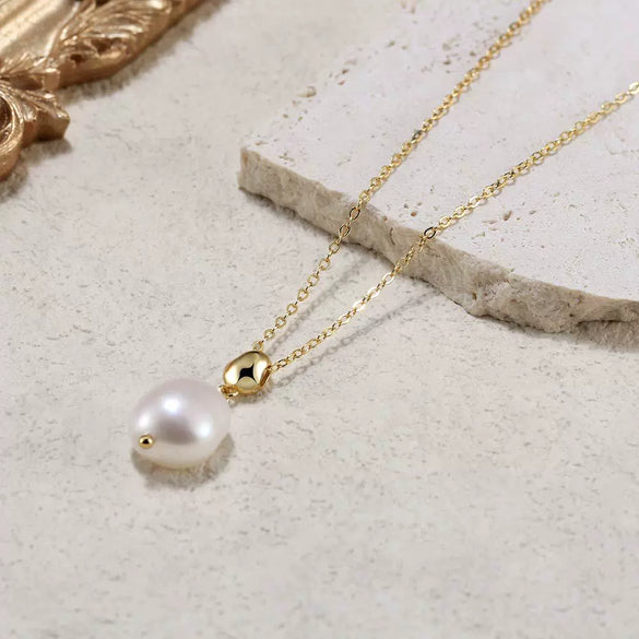 Wholesale Jewelry Simple Natural Geometric Sterling Silver 925 Necklace With Freshwater Pearl Pendant Electroplated