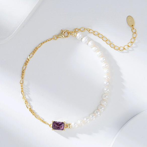 Wholesale Jewelry Simple Natural Style S925 Sterling Silver Bracelet Set With Baroque Pearl And Zircon Electroplated