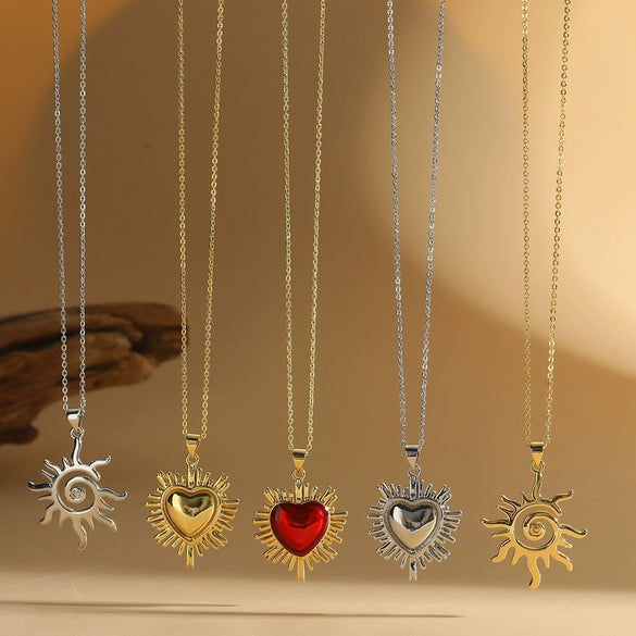 Wholesale Jewelry Simple Retro Love Design Copper Pendant Clavicle Chain With Mixed Gemstone Inlay Heart Shape Electroplating For Women