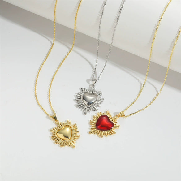 Wholesale Jewelry Simple Retro Love Design Copper Pendant Clavicle Chain With Mixed Gemstone Inlay Heart Shape Electroplating For Women