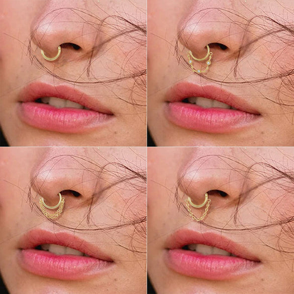 Wholesale Jewelry Simple Stainless Steel 316L Geometric Tassel And Ring Piercing Earrings And Nose Ring With Electroplating