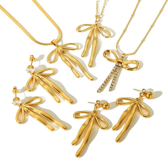 Wholesale Jewelry Simple Style Classic Style Bow Knot 304 Stainless Steel Zircon 18K Gold Plated Inlay Earrings Necklace Jewelry Set