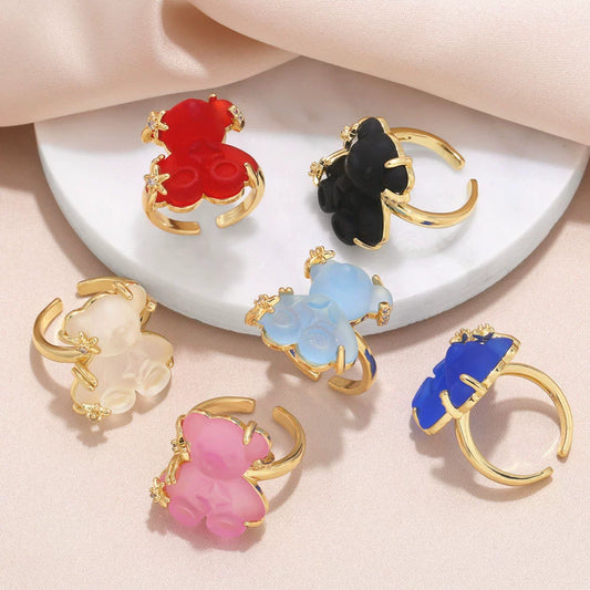 Wholesale Jewelry Simple Style Colorful Bear Open Ring Copper Gold Plated Women's