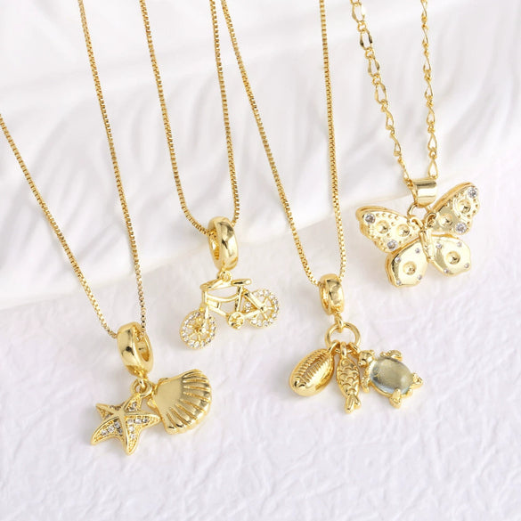 Wholesale Jewelry Simple Style Copper Shell Butterfly Pendant Goldplated O Chain Necklace