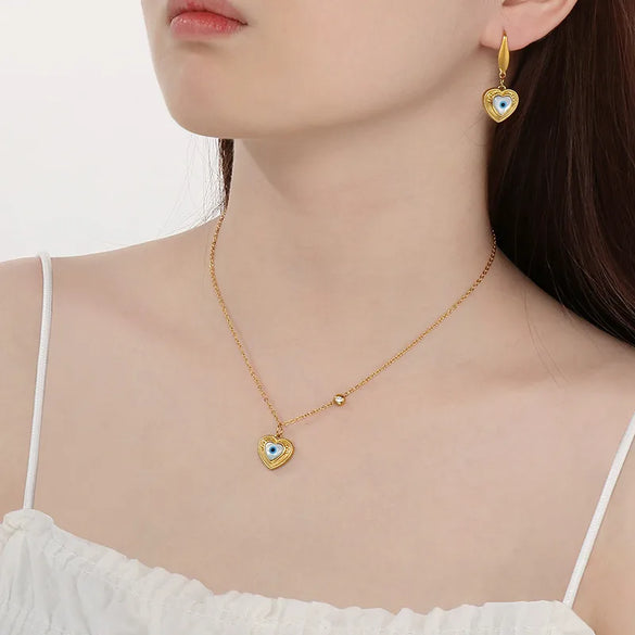 Wholesale Jewelry Simple Style Devil'S Eye 304 Stainless Steel Shell 18K Gold Plated Inlay Earrings Necklace Jewelry Set
