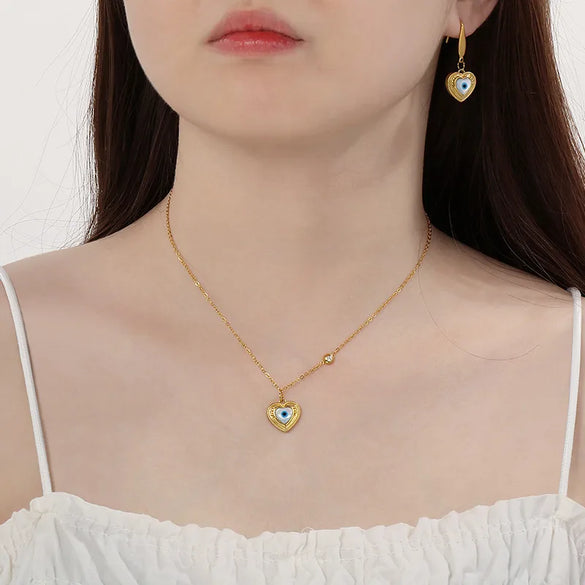 Wholesale Jewelry Simple Style Devil'S Eye 304 Stainless Steel Shell 18K Gold Plated Inlay Earrings Necklace Jewelry Set
