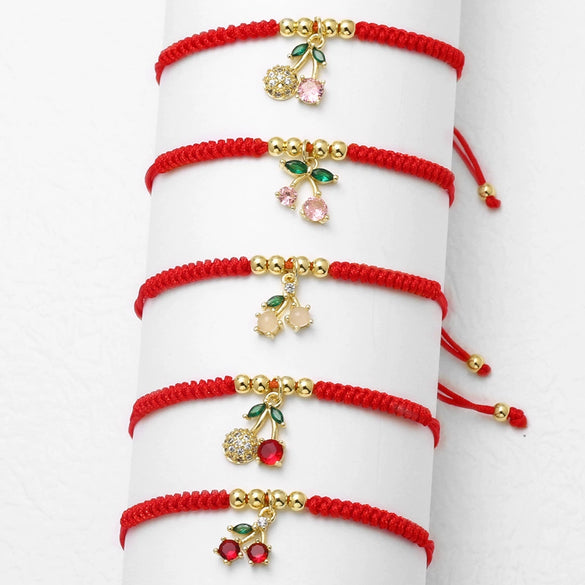 Wholesale Jewelry Simple Style Fruit Cherry Copper Pendant Bracelet With Gold Plated Electroplating
