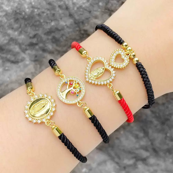 Wholesale Jewelry Simple Style Love Life Tree Pendant Bracelet Copper Gold Plated Zircon Hand Rope Unisex