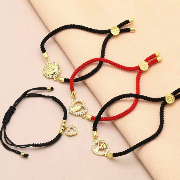 Wholesale Jewelry Simple Style Love Life Tree Pendant Bracelet Copper Gold Plated Zircon Hand Rope Unisex