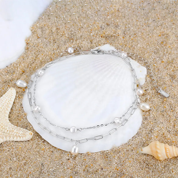 Wholesale Jewelry Simple Style Pearl 925 Sterling Silver Freshwater Pearl Freshwater Pearl Plating Anklet