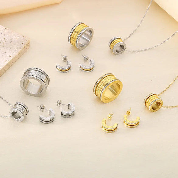 Wholesale Jewelry Simple Style Small Waist 304 Stainless Steel 18K Gold Plated Rings Earrings Necklace