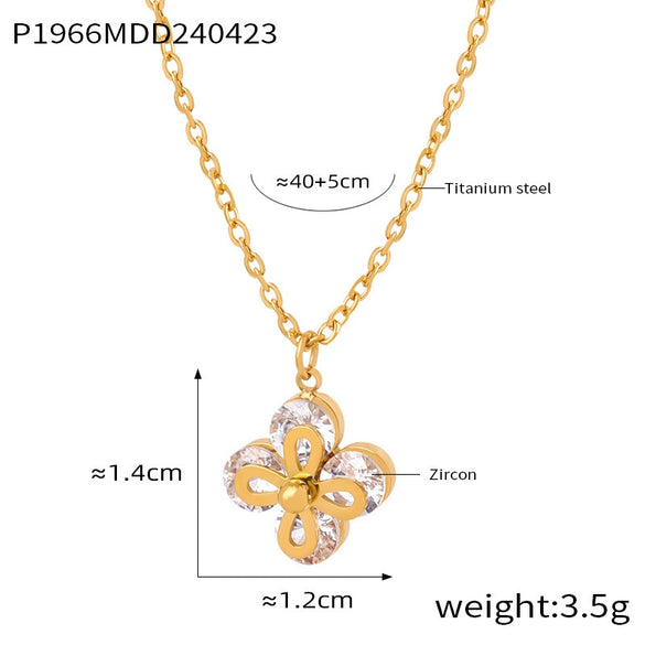 Wholesale Jewelry Simple Style 316L Stainless Steel Blade Chain Fourleaf Clover Inlaid Zircon Pendant Goldplated Necklace With Geometric Pattern