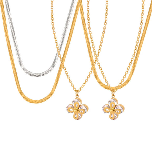 Wholesale Jewelry Simple Style 316L Stainless Steel Blade Chain Fourleaf Clover Inlaid Zircon Pendant Goldplated Necklace With Geometric Pattern