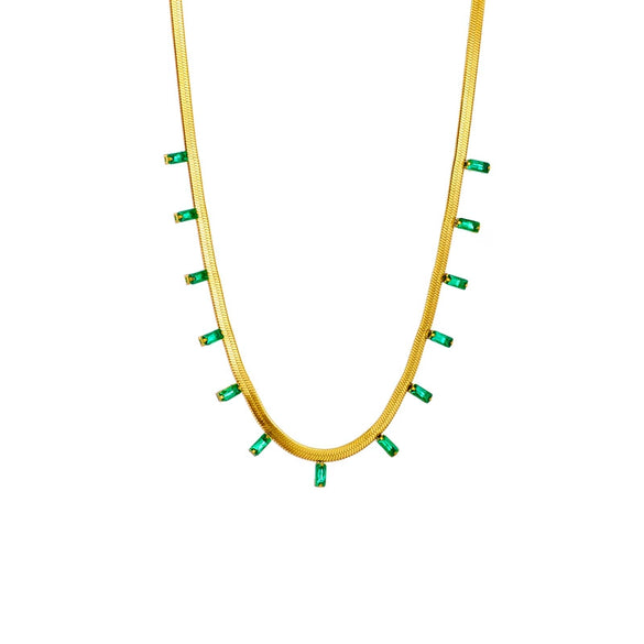 Wholesale Jewelry Simple Titanium Steel Geometric Snake Bone Chain Necklace With Green Diamond
