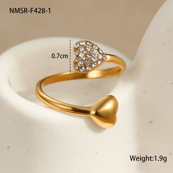 Wholesale Jewelry Simple Zircon Titanium Steel Ring Electroplating Water Drop Heart Open Ring Light Luxury Style