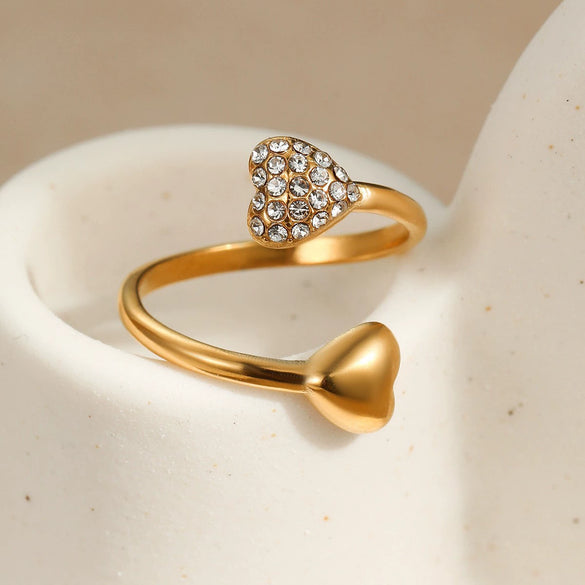 Wholesale Jewelry Simple Zircon Titanium Steel Ring Electroplating Water Drop Heart Open Ring Light Luxury Style