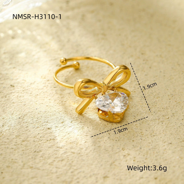 Wholesale Jewelry Simple Zircon Titanium Steel Ring Electroplating Water Drop Heart Open Ring Light Luxury Style