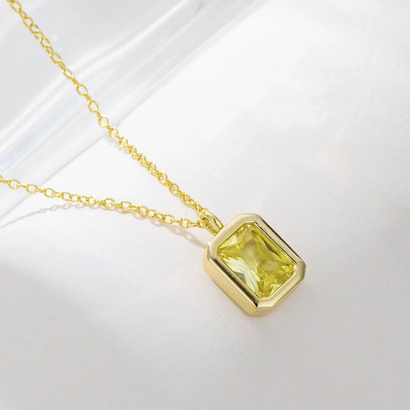 Wholesale Jewelry Square Olive Yellow Zircon 925 Sterling Silver Pendant Necklace With Geometric Design For Women