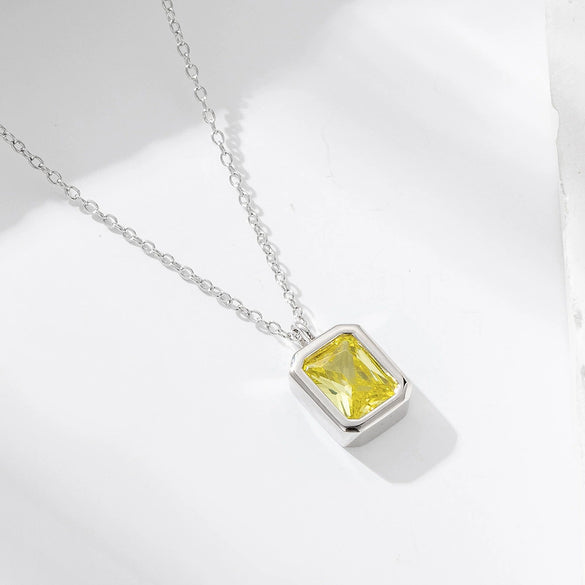 Wholesale Jewelry Square Olive Yellow Zircon 925 Sterling Silver Pendant Necklace With Geometric Design For Women
