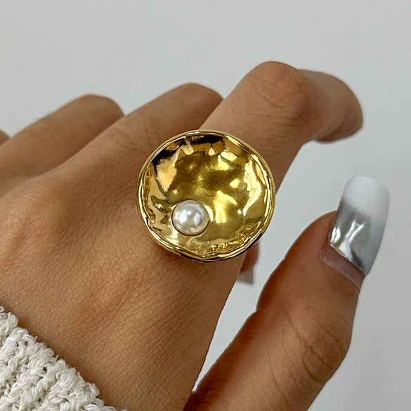 Wholesale Jewelry Stainless Steel Acrylic Pearl Hammered Geometric Ring Electroplated For Women