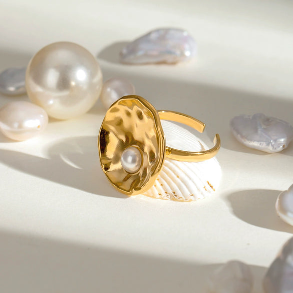 Wholesale Jewelry Stainless Steel Acrylic Pearl Hammered Geometric Ring Electroplated For Women