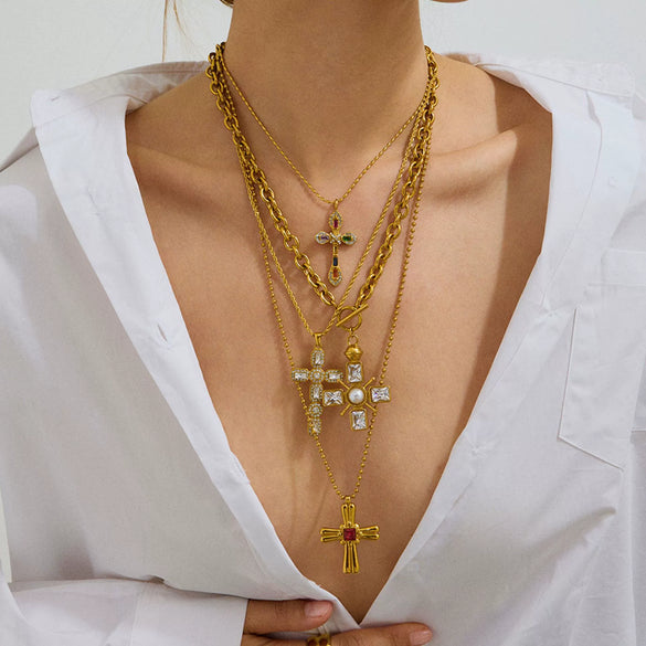 Wholesale Jewelry Stainless Steel And Titanium Steel Geometric Cross Electroplated Women's Necklace