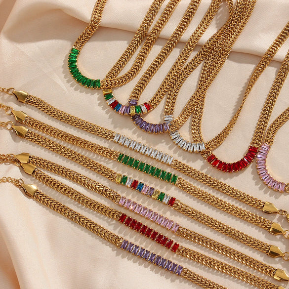 Wholesale Jewelry Stainless Steel And Titanium Steel Geometric Cuban Chain Spliced Zircon Pendant Double Layer Clavicle Chain Necklace For Women Electroplated