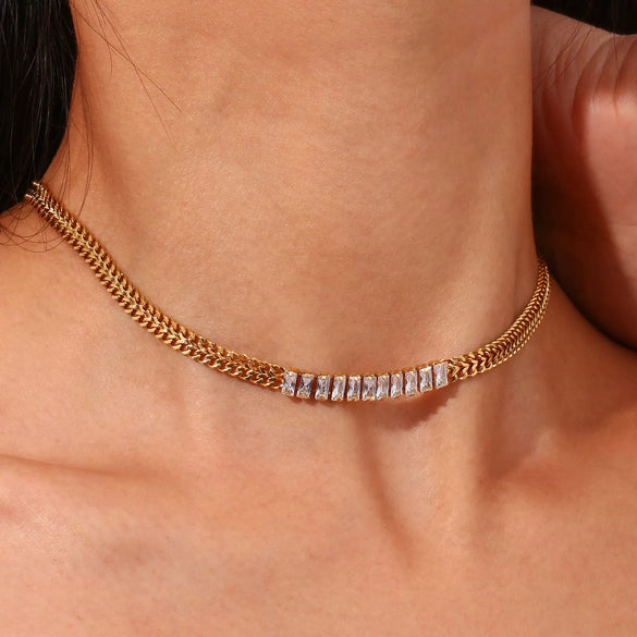 Wholesale Jewelry Stainless Steel And Titanium Steel Geometric Cuban Chain Spliced Zircon Pendant Double Layer Clavicle Chain Necklace For Women Electroplated